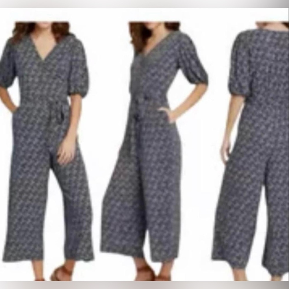 Universal Thread Blue Geometric Jumpsuit with Wrap V-Neck